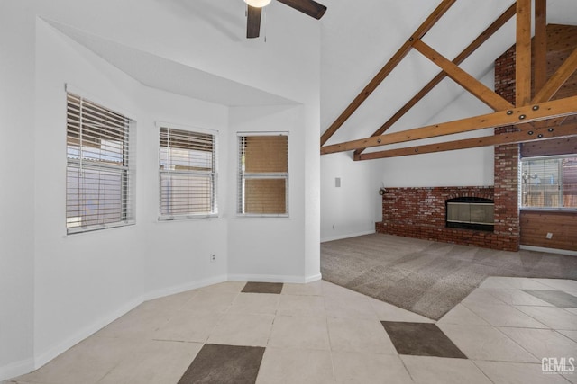 living area featuring light carpet, high vaulted ceiling, beam ceiling, and ceiling fan