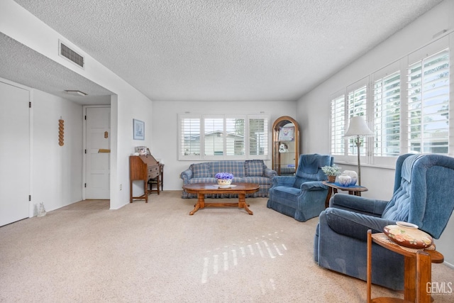 carpeted living room featuring plenty of natural light and a textured ceiling