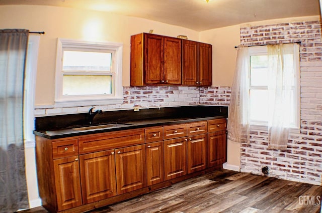 kitchen featuring dark hardwood / wood-style flooring, decorative backsplash, sink, and a wealth of natural light