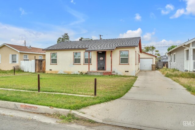 bungalow featuring crawl space, concrete driveway, fence, a front yard, and a garage