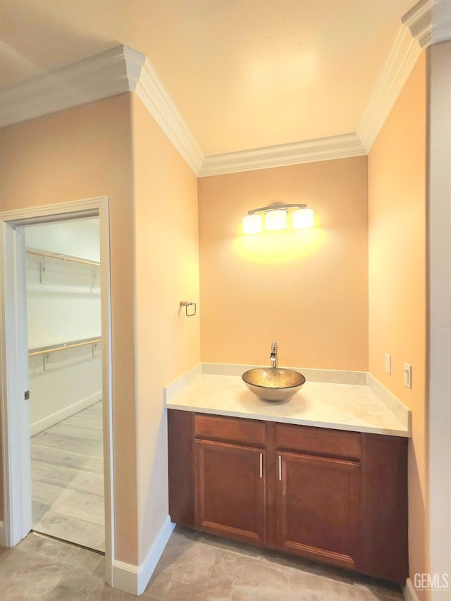 bathroom featuring ornamental molding and vanity