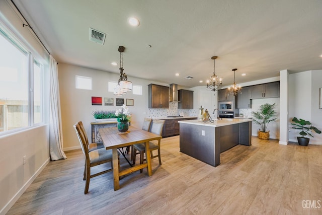 kitchen featuring visible vents, light countertops, wall chimney range hood, appliances with stainless steel finishes, and a center island with sink