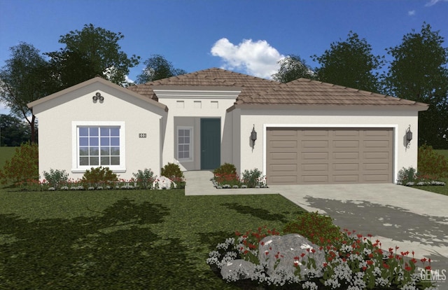 view of front of property with a garage, concrete driveway, a front yard, and stucco siding