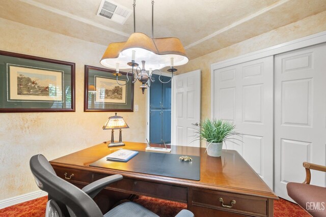 office featuring visible vents, baseboards, and a chandelier