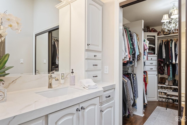bathroom with a spacious closet, wood finished floors, and vanity