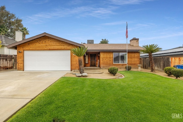 single story home with a chimney, concrete driveway, a front yard, fence, and a garage