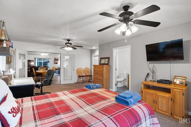 bedroom with a ceiling fan and carpet flooring