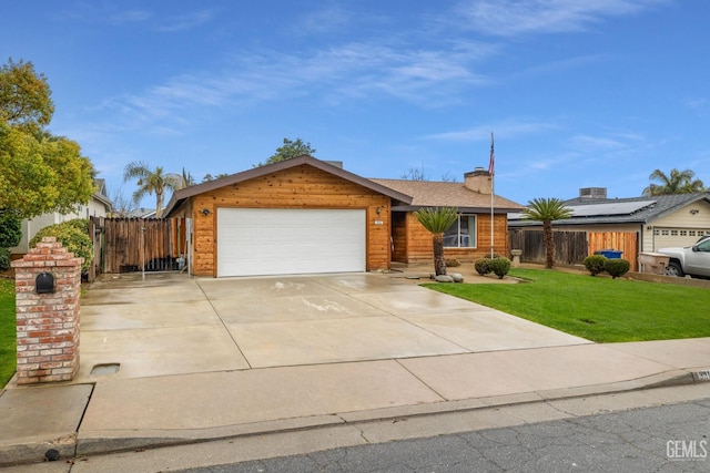 single story home featuring driveway, a chimney, an attached garage, fence, and a front yard