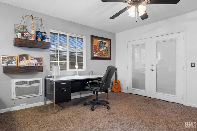 office area with a wall unit AC, carpet flooring, a ceiling fan, baseboards, and french doors