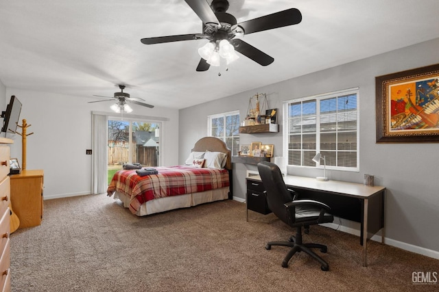 bedroom with baseboards, ceiling fan, carpet, and access to exterior