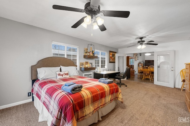 bedroom featuring ceiling fan, carpet floors, and baseboards