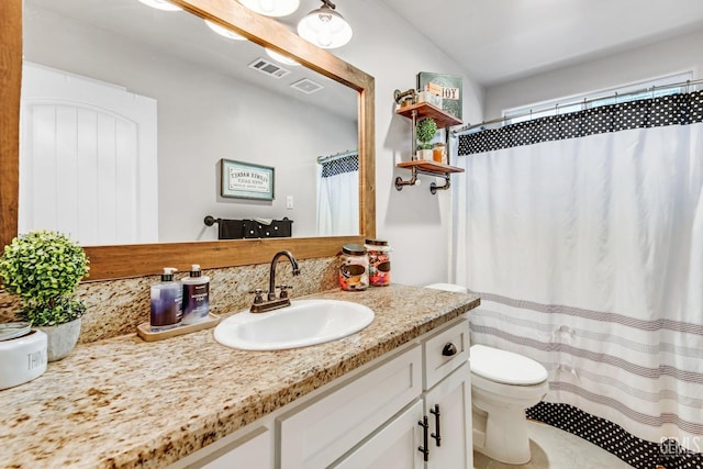 bathroom featuring vanity, a shower with curtain, vaulted ceiling, and toilet