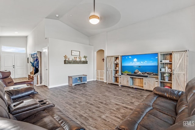 living room featuring wood-type flooring and high vaulted ceiling