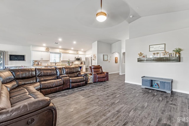 living room featuring lofted ceiling, sink, and wood-type flooring