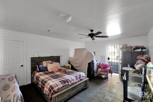 bedroom with visible vents and a ceiling fan