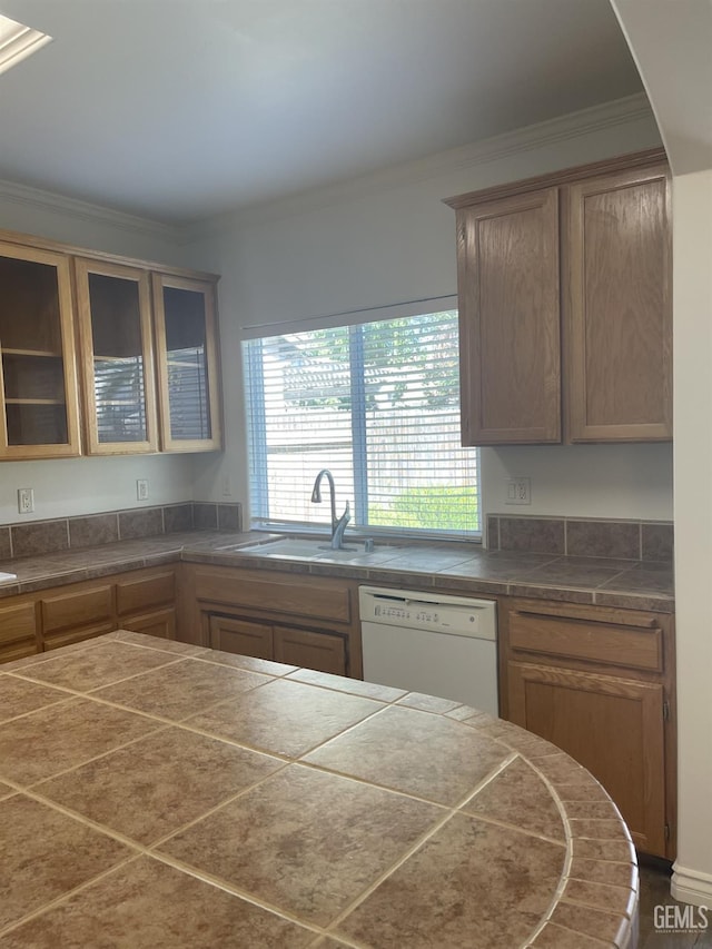 10931 Vista Del Valle Dr, Bakersfield, CA 93311 - kitchen featuring dishwasher, crown molding, and glass insert cabinets
