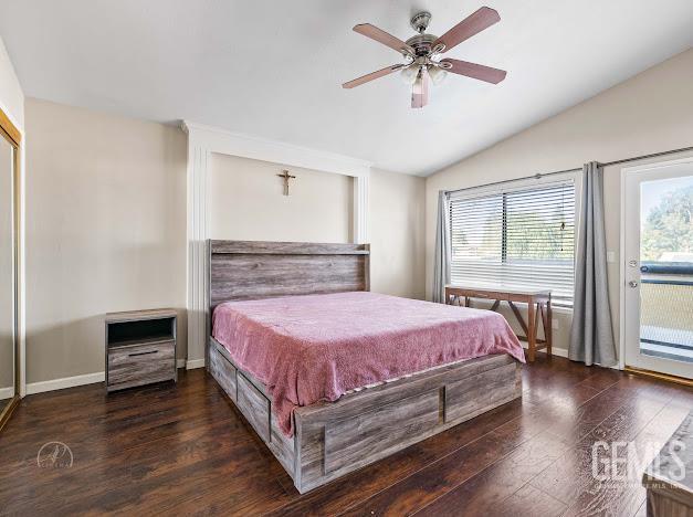 3717 Alcott Dr, Bakersfield, CA 93311 - bedroom featuring access to outside, lofted ceiling, wood finished floors, baseboards, and a ceiling fan