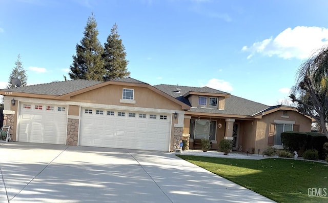 view of front of home featuring stucco siding, stone siding, concrete driveway, a front yard, and a garage