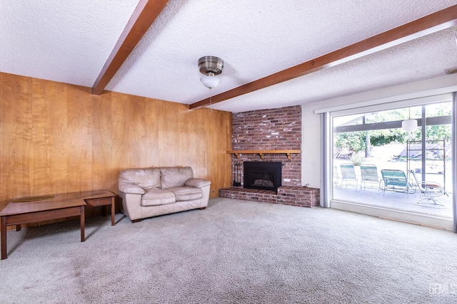 1830 Chevy Chase Way, Bakersfield, CA 93306 - carpeted living area with beamed ceiling, wooden walls, a textured ceiling, and a fireplace