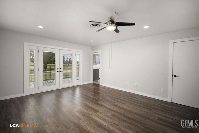 unfurnished living room featuring ceiling fan, dark hardwood / wood-style flooring, and french doors