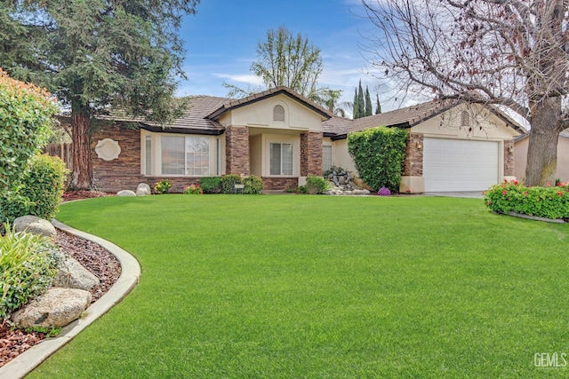 single story home featuring stucco siding, stone siding, a garage, and a front lawn