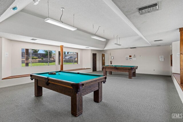 5928 Dyce Way, Bakersfield, CA 93306 - game room with billiards, a textured ceiling, carpet, and a tray ceiling