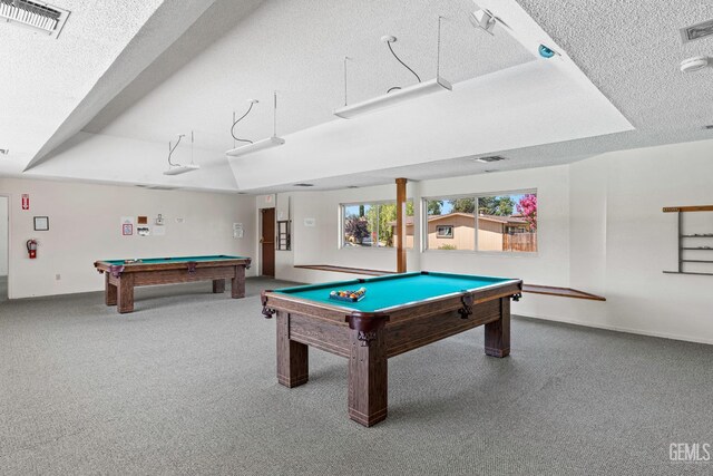 5928 Dyce Way, Bakersfield, CA 93306 - recreation room featuring billiards, a textured ceiling, carpet floors, and a raised ceiling