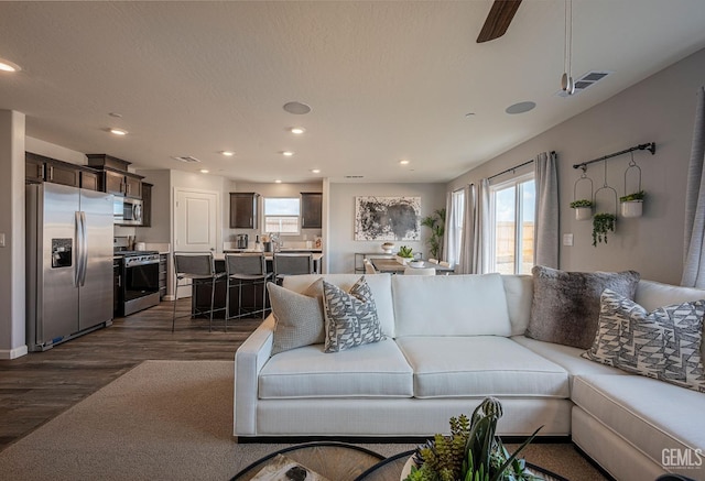 living room with dark hardwood / wood-style flooring and a textured ceiling