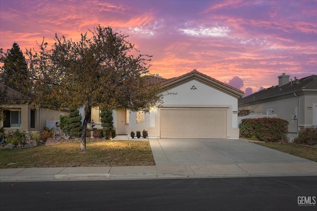 view of front of property featuring a garage and a lawn