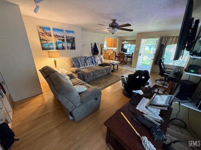 living room featuring a textured ceiling, ceiling fan, and light wood-style floors