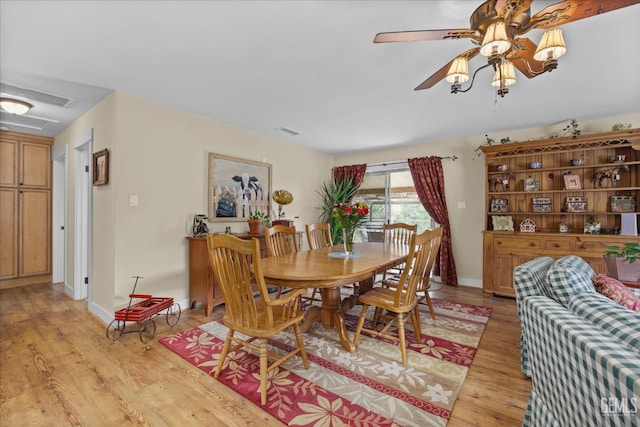 dining room featuring light wood finished floors, baseboards, visible vents, and a ceiling fan