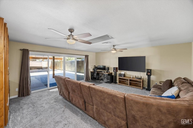 4512 Orrick Ct, Bakersfield, CA 93308 - living area featuring ceiling fan, light carpet, and a textured ceiling