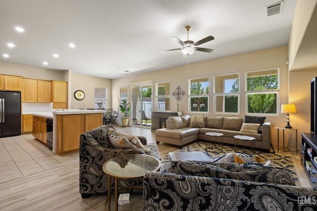 11901 Kimelford Dr, Bakersfield, CA 93312 - living area featuring ceiling fan, light wood-style floors, and recessed lighting