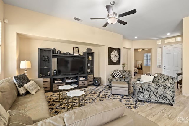 11901 Kimelford Dr, Bakersfield, CA 93312 - living room with a ceiling fan, wood finished floors, and recessed lighting