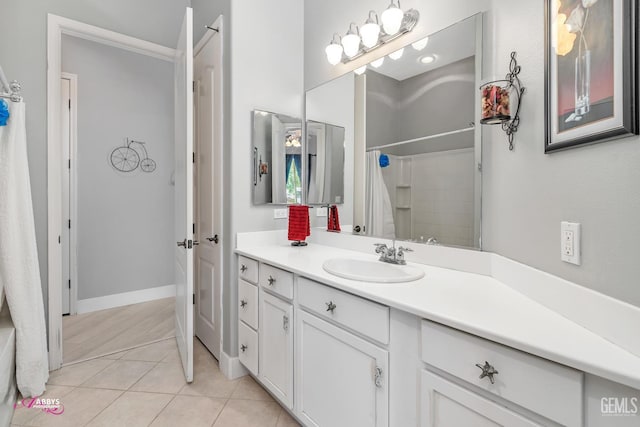 13918 Calico Village Dr, Bakersfield, CA 93306 - full bath with tile patterned floors, a shower with shower curtain, and vanity