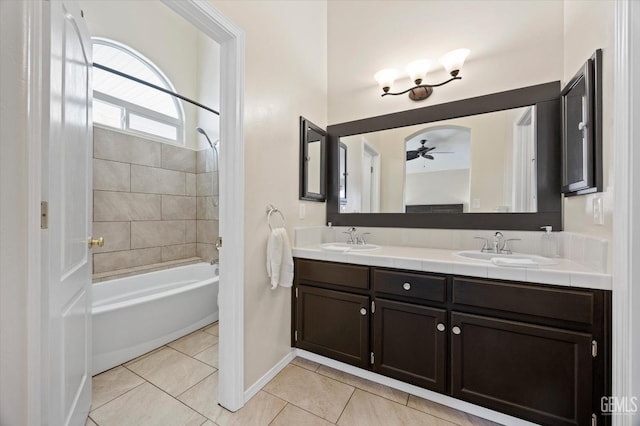 bathroom featuring shower / washtub combination, tile patterned floors, ceiling fan, and vanity