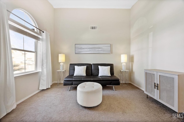 living area with carpet flooring