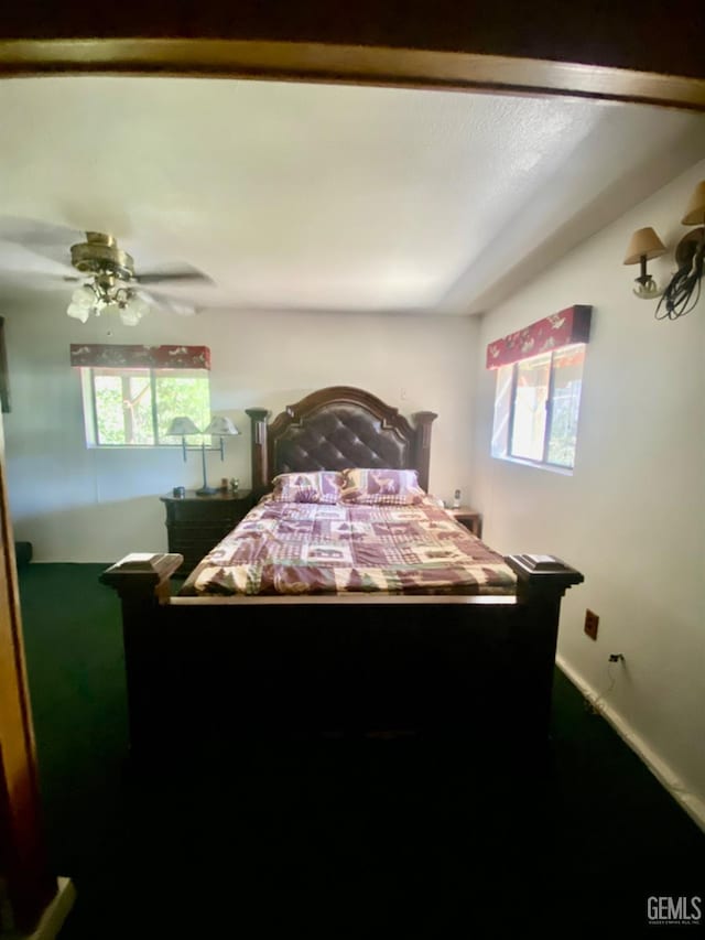 bedroom with ceiling fan and multiple windows