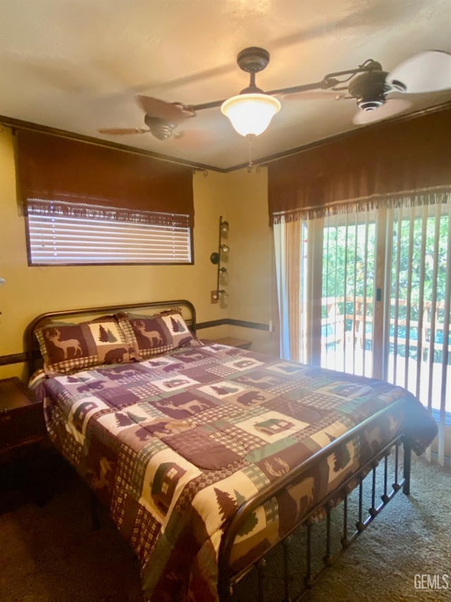 bedroom with ceiling fan, carpet flooring, ornamental molding, and access to exterior