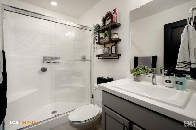 bathroom with vanity, an enclosed shower, and toilet