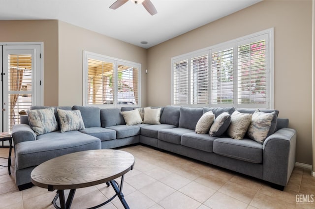 5703 Park Pl, Bakersfield, CA 93306 - living room with light tile patterned floors and ceiling fan