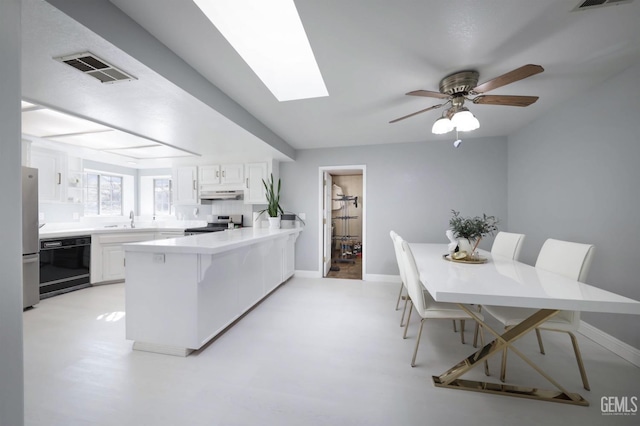 kitchen with sink, a breakfast bar area, white cabinets, kitchen peninsula, and stainless steel appliances