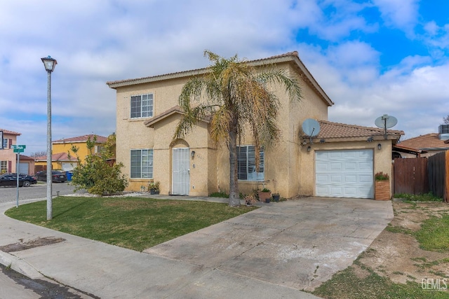 mediterranean / spanish-style house featuring stucco siding, an attached garage, fence, driveway, and a front lawn