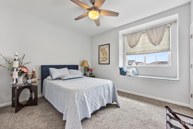 bedroom featuring carpet, baseboards, and ceiling fan