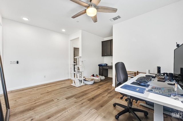 office with a ceiling fan, visible vents, baseboards, light wood-style flooring, and recessed lighting