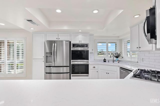 kitchen featuring visible vents, a tray ceiling, stainless steel appliances, white cabinetry, and a sink