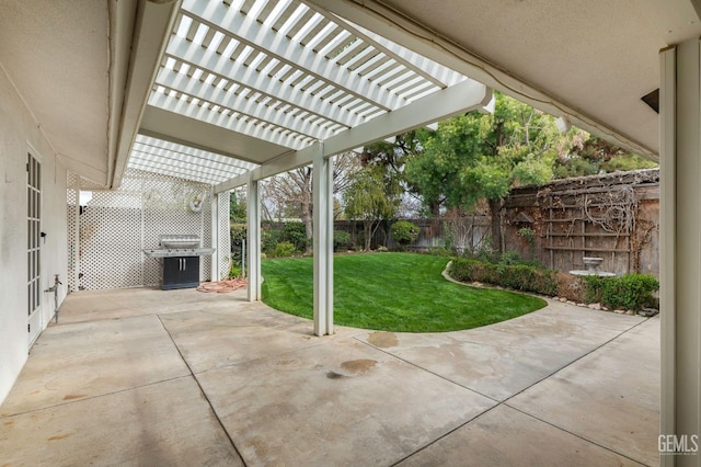 view of patio featuring a fenced backyard, grilling area, and a pergola