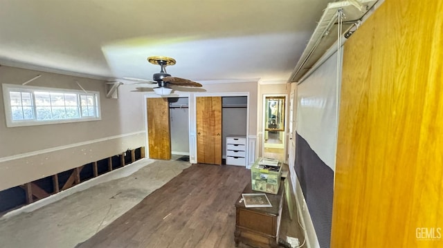 interior space featuring crown molding and ceiling fan