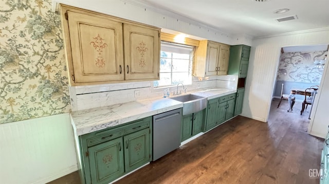 kitchen featuring sink, dishwasher, and green cabinets