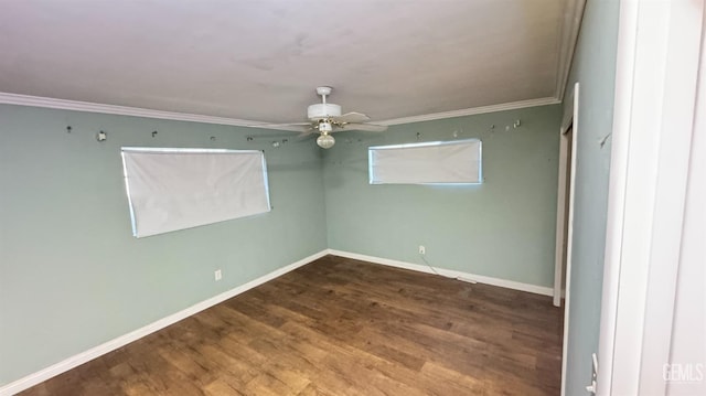 spare room featuring crown molding, hardwood / wood-style floors, and ceiling fan